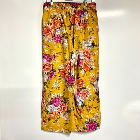 Rachel Roy Linen Blend Mustard Yellow Floral Print Wide Leg Pull On Pants Size L - Picture 1 of 9